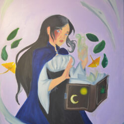 A painting of a young lady, who is an earth witch, wearing a dark blue cape and has a burn scar on her right eye. Leaves and her spell book are floating while she cast a spell with her glowing green hand.