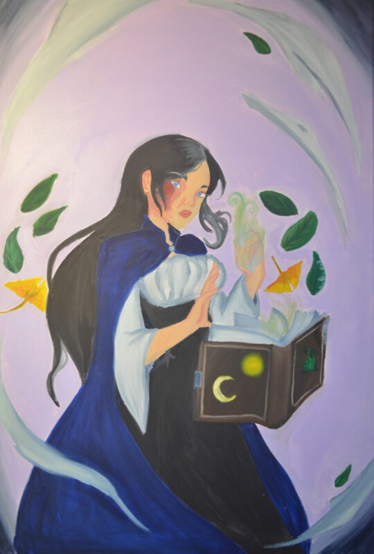 A painting of a young lady, who is an earth witch, wearing a dark blue cape and has a burn scar on her right eye. Leaves and her spell book are floating while she cast a spell with her glowing green hand.