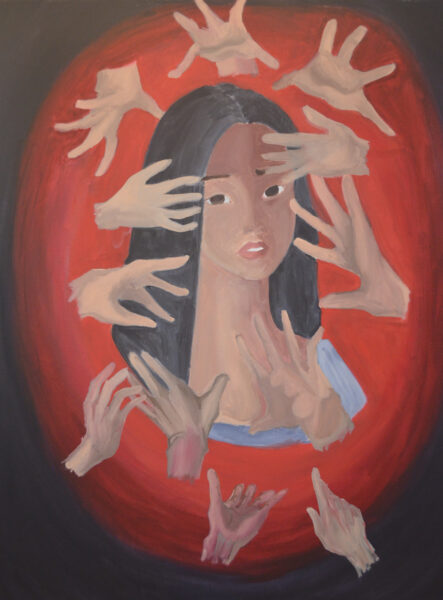 A person with long dark hair  faces forward while disembodied human hands float in front of and around the face.