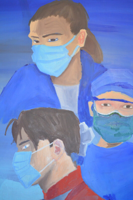 A close up painting of one male nursed dressed as a knight and two female nurses wearing face masks.