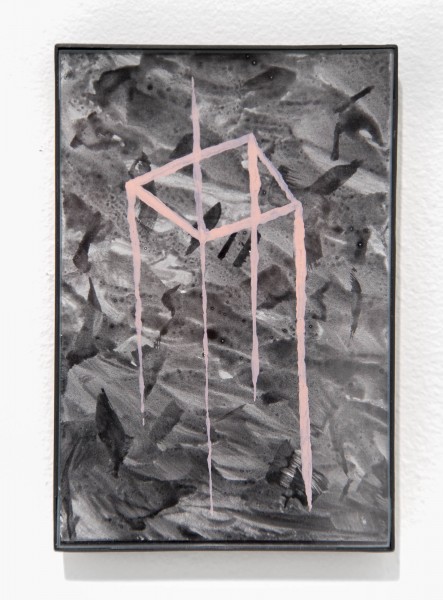 A close look at a painting of Cameron Richie about pink geometric shapes made of pink lines on a dark grey background