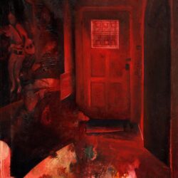 An enigmatic painting of a red and brown interior with a door and human shapes.