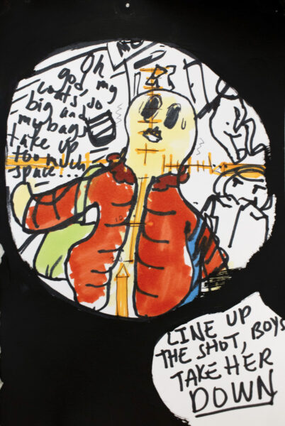 A cartoonish human character dressed with a large red coat as seen through a telescopic sight. A handwritten text reads" LINE UP THE SHOT, BOYS TAKE HER DOWN"