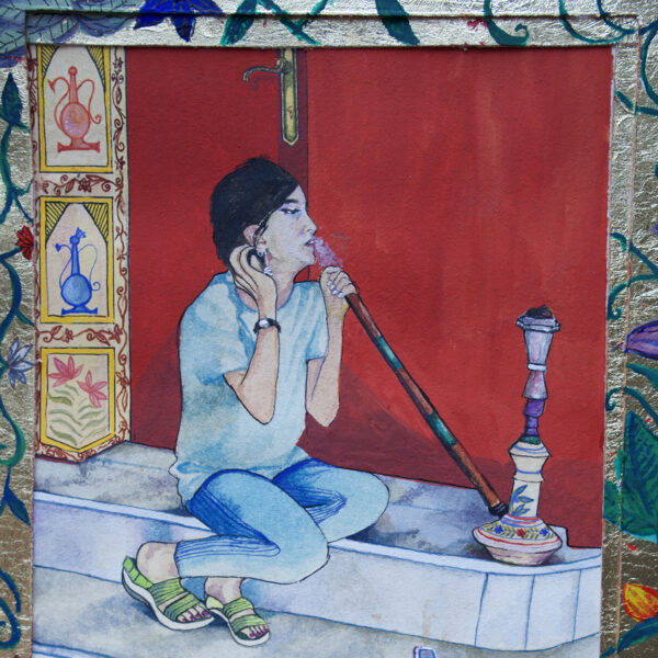 A person in sandals, jeans, a t-shirt and wearing a wrist watch is sitting on tiled steps and smoking from a large clay pipe. There is a gold-leaf frame around the painting featuring colorful painted flowers.