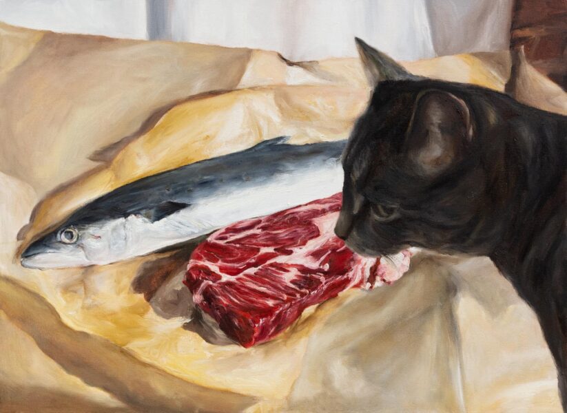 Painting with a black cat, a long fish and a piece of red meat.