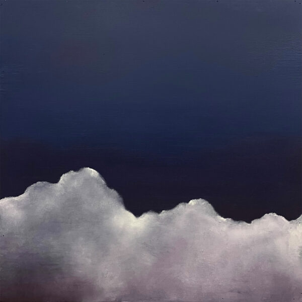 A panel from a four panel painting depicting clouds in shades of white with pink and grey over a dark blue sky.