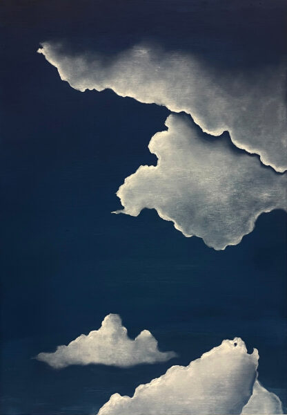 The top panel of a painting on two panels, stacked vertically, suggesting clouds floating above a mountain.