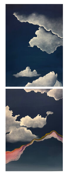 A painting on two panels, stacked vertically, suggesting clouds floating above a mountain.