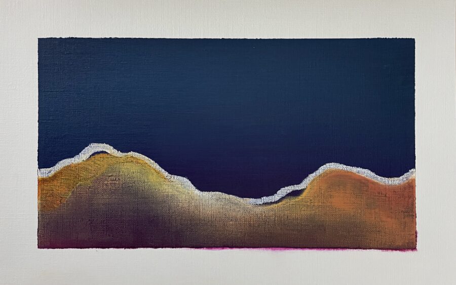 Oil painting of a mountain, clouds shapes with little abstract characters and a blue background colors