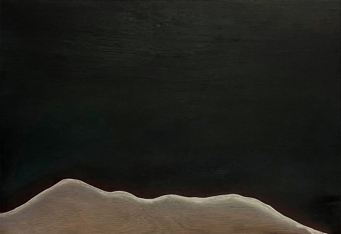 A single panel from a four-panel painting showing part of a mountain landscape in tan over a black background.