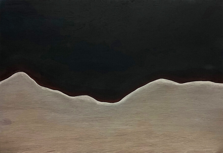 A single panel from a four-panel painting showing part of a mountain landscape in tan over a black background.