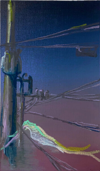 A drawing of a telephone or electric pole with wires over a suave/blue gradient. White lines near the bottom suggest a mountain landscape.