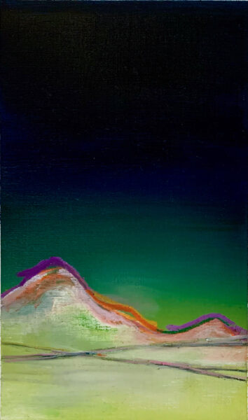 An abstract mountain landscape in white with vivid fuchsia and orange outlines over a deep green/blue/black gradient sky.