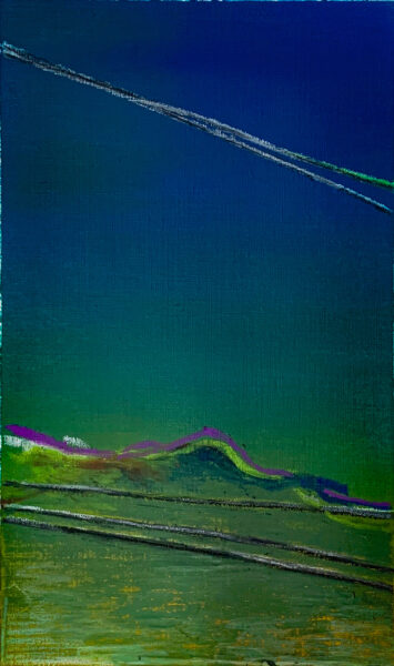 An abstract mountain landscape in blue, bright yellow-green, and violet over a green-blue gradient with multiple bold diagonal lines.