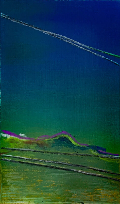An abstract mountain landscape in blue, bright yellow-green, and violet over a green-blue gradient with multiple bold diagonal lines.