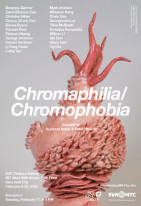 An advertisement for an exhibition entitled Chromophilia/Chromophobia. The exhibition is hosted by the SVA BFA Fine Arts Department and curated by Suzanne Anker and Gunars Prande. The Exhibition is on view from February 8-22, 2020. A reception is on February 11, from 6-8PM. The location is the SVA Chelsea Gallery at 601 West 26th Street on the 15th floor, New York City. The Poster shows an excerpt form an artwork by Carol Cao.