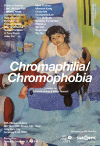 An advertisement for an exhibition entitled Chromophilia/Chromophobia. The exhibition is hosted by the SVA BFA Fine Arts Department and curated by Suzanne Anker and Gunars Prande. The Exhibition is on view from February 8-22, 2020. A reception is on February 11, from 6-8PM. The location is the SVA Chelsea Gallery at 601 West 26th Street on the 15th floor, New York City. The Poster shows an excerpt form an artwork by Veronica Fernandez.