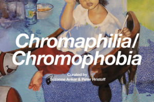 An advertisement for an exhibition entitled Chromophilia/Chromophobia. The exhibition is hosted by the SVA BFA Fine Arts Department and curated by Suzanne Anker and Gunars Prande. The Exhibition is on view from February 8-22, 2020. A reception is on February 11, from 6-8PM. The location is the SVA Chelsea Gallery at 601 West 26th Street on the 15th floor, New York City. The Poster shows an excerpt form an artwork by Veronica Fernandez.