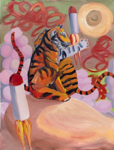 Fluid and colorful painting with two tigers sit down on a rock, rockets and pink spheres.