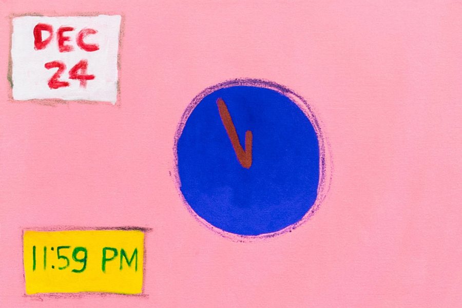A painting by Claude Jeong with a pink background and a blue clock.