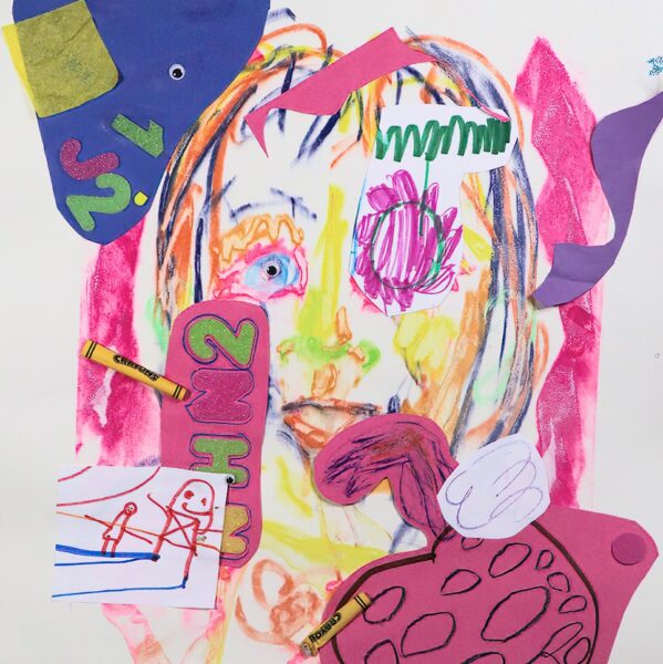 A colorful drawing of a human head with cut paper, crayons, child-like drawings and letters and numbers.