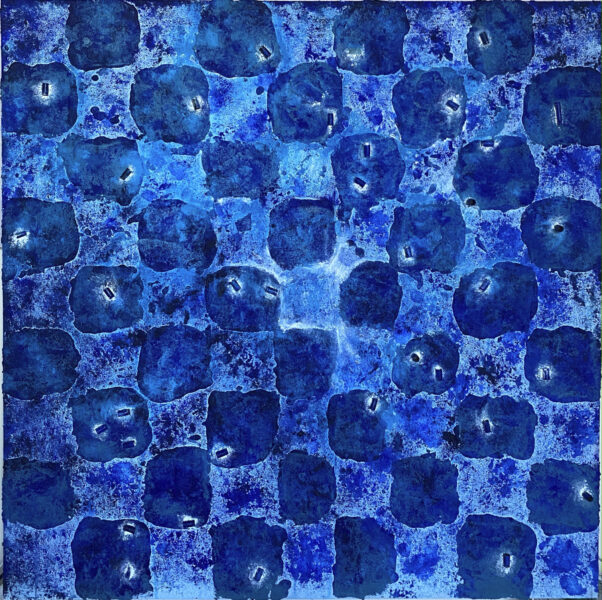 A grid of irregular blue squares with embedded bullet casings.
