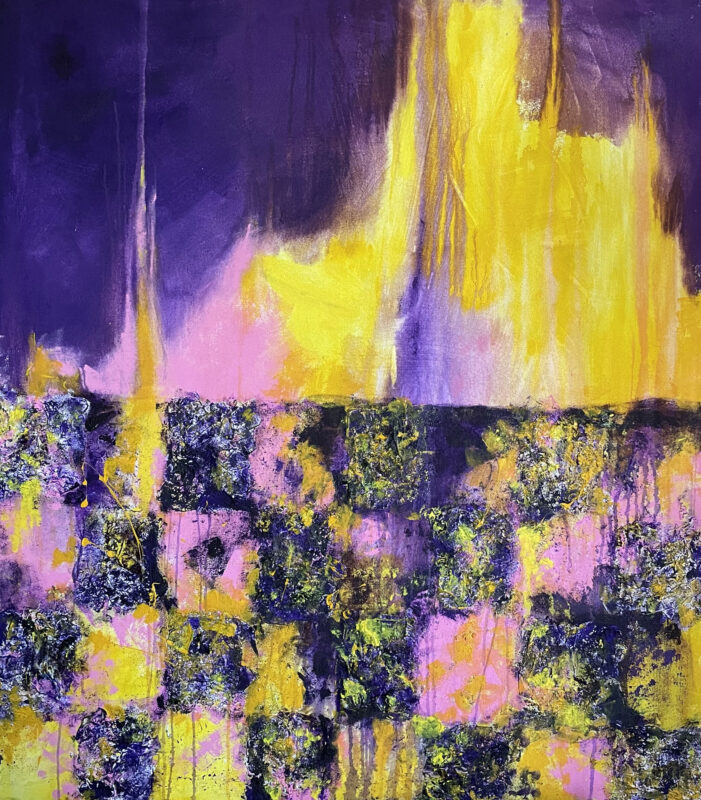 Abstract painting with shades of violet and yellow. it has spike shapes on the top half and a distorted grid of squares on the bottom