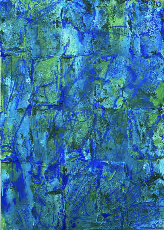 An abstract composition in bright blues and greens.