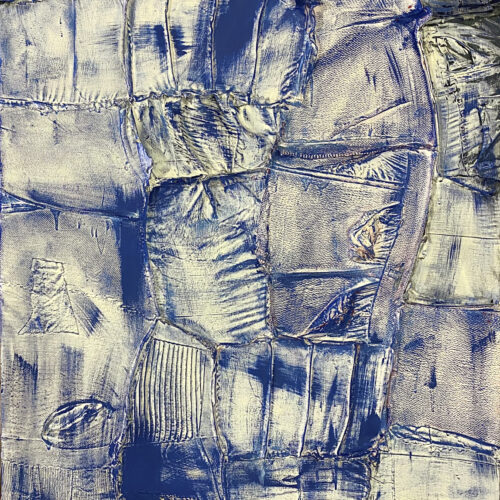 A canvas constructed from sound fabric and clothing scraps painted in blues and whites.