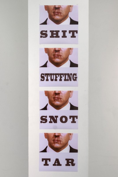 A vertical array of four images with a part of the face with bleeding nose and mouth with the following separate words for each image: SHIT, STUFFING, SNOT, TAR