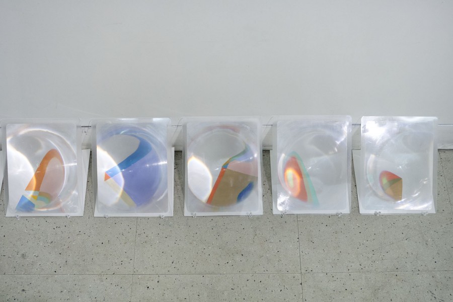 An array of sculptures made of translucent organic material with colors reflecting inside