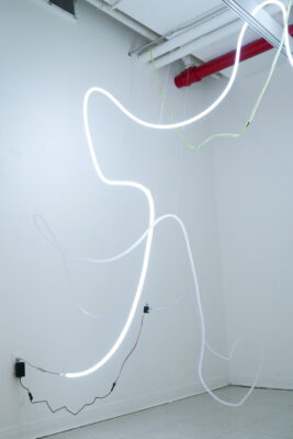 A couple of clear plastic tubes and one bright white light tube curl, draped floor-to-ceiling throughout a small white space.