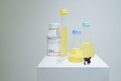 An arrangement of art objects sitting on a white pedestal, including three baby bottles containing a yellow liquid, a baby’s pacifier sculpted in glass, and a plastic bottle of laboratory-grad Luria broth.