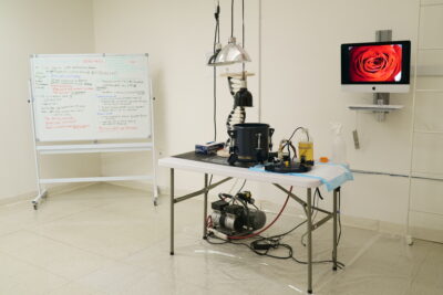 A make-shift laboratory bench made of a tabletop and various technical elements stands under a set of lamps in the center of a white room, between a white board covered in notes, and a monitor showing an image of a red rose.