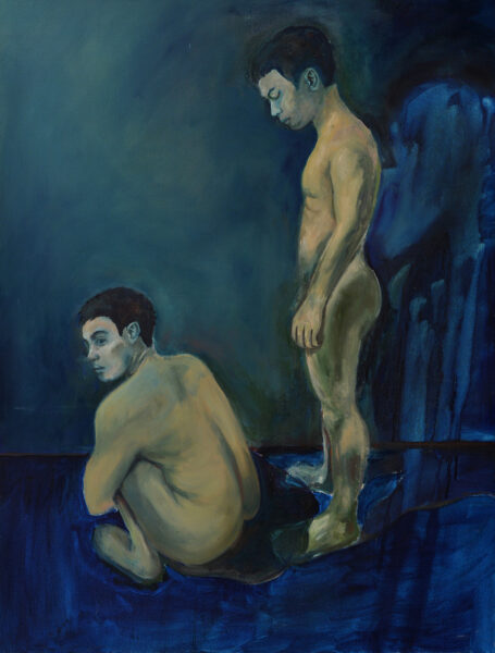 A painting of two nude figures with short black hair over deep blues.