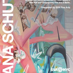 Event poster for Dana Schutz, held on Thursday, March 31, 7:00pm, at 203 East 23rd Street, 3rd-floor amphitheater. the poster represents a caricature person taking a shower