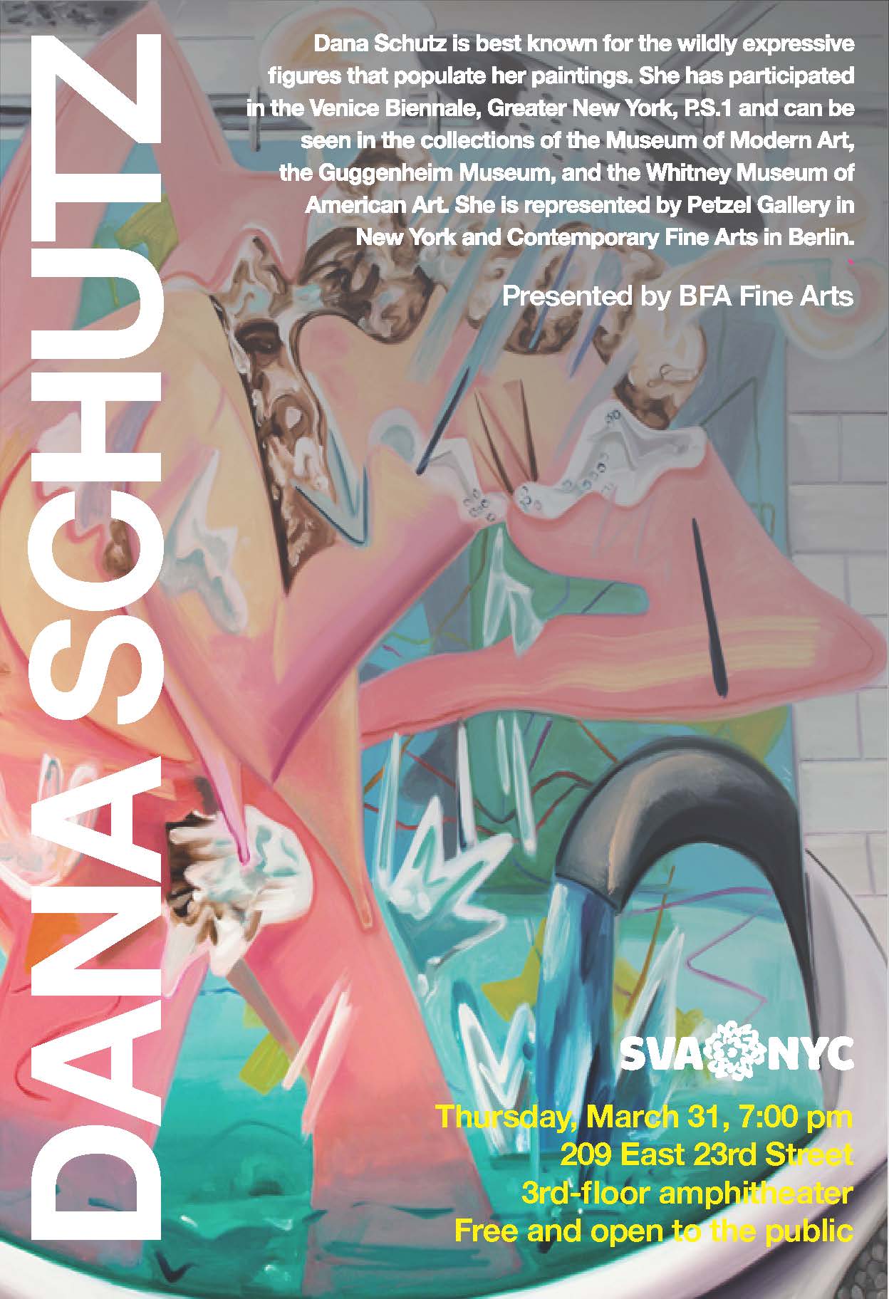 Event poster for Dana Schutz, held on Thursday, March 31, 7:00pm, at 203 East 23rd Street, 3rd-floor amphitheater. the poster represents a caricature person taking a shower