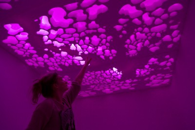 A student bathed in fuchsia light pointing upwards towards her ceiling installation that depicts the microscopic patterns of bioluminescent algae