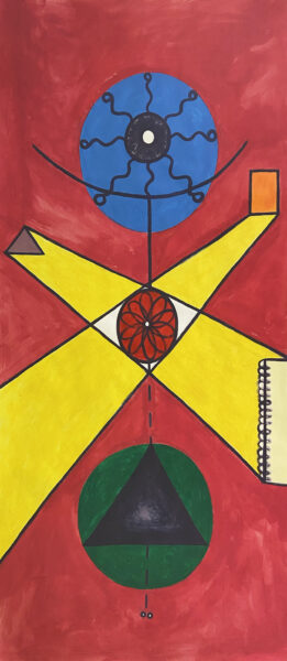 A large red painting with blue, green, and yellow geometric abstractions.