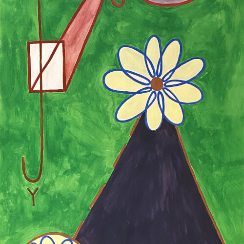 A large green painting with a black triangle, white and grey orbs with a red spiral, and two spirograph drawings in blue and yellow.