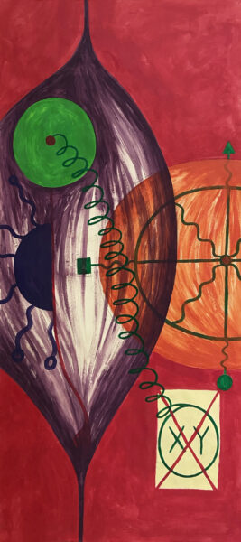 A large red painting with abstract drawings in orange, violet, green, and pale yellow.