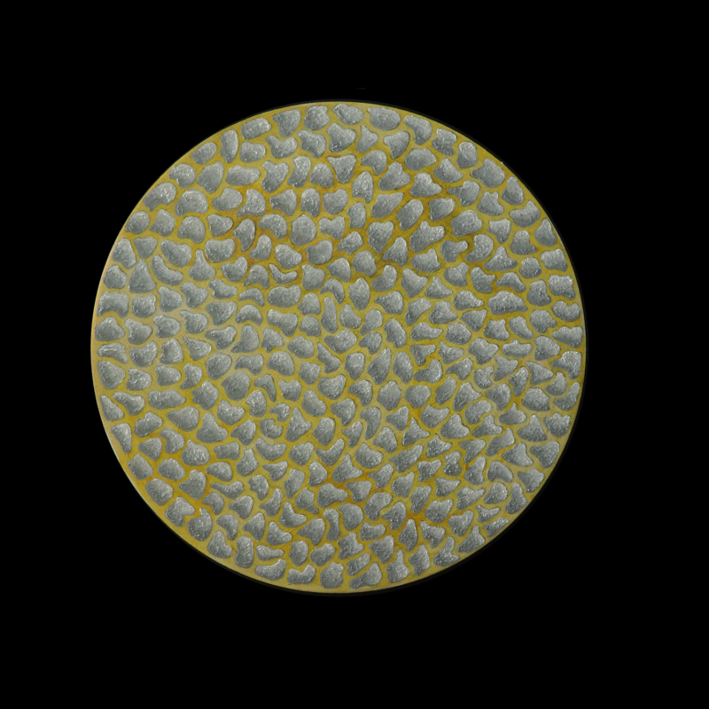 This painting is of a white daisy petal under the microscope. The background is yellow, and the cell structures are textured with white paint.