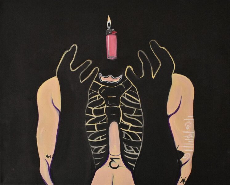 Painting of a torso, with the hands rendered in black, part of the ribs exposed, and a lighter ocuppying the position of the face.