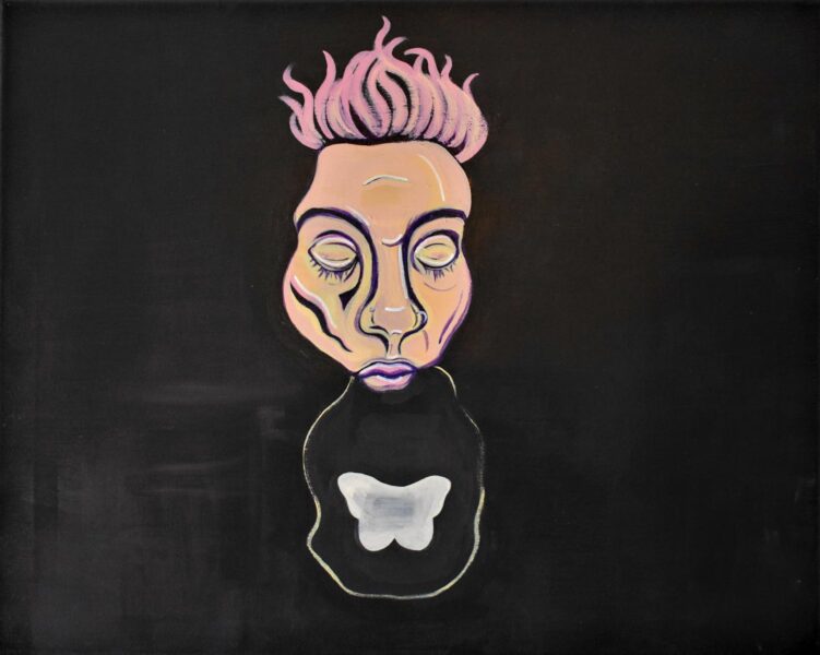 Painting of a simplified face on a black background, with pink pointy hair, eyes closed and a white butterfly under the mouth.