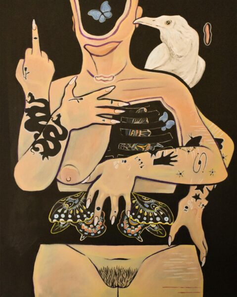 Painting of a naked woman with multiple tatoos, four arms and a white bird on her shoulder. Her face, one breast and stomach, are replaced by butterflies.