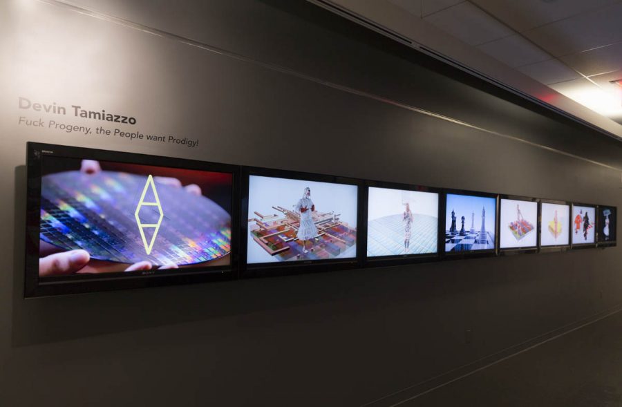 An array of TV screens displaying different images on them