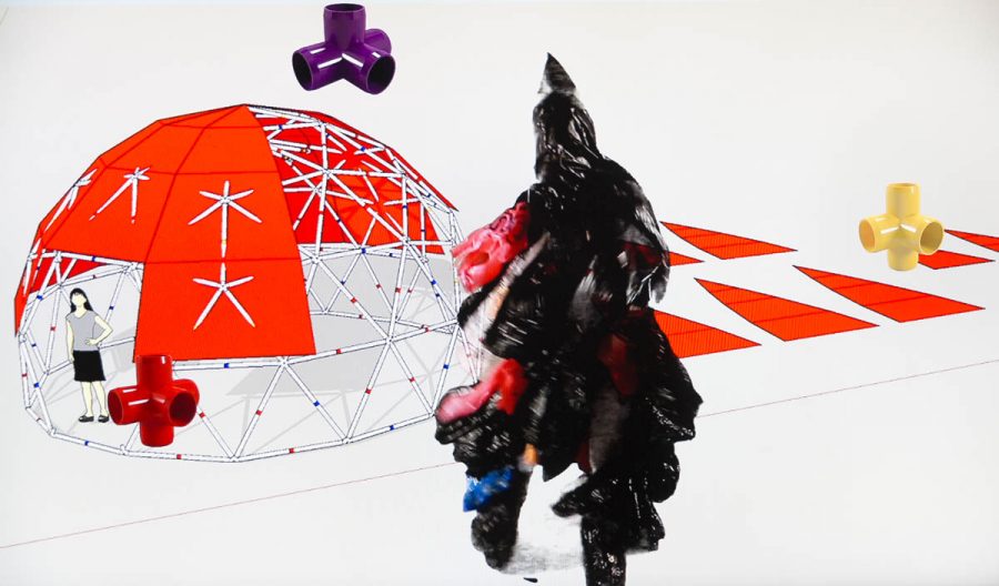 An artwork made with shapes like an igloo from rods covered partially in red color, red triangles, three 3d printed four ways pipe fittings, and a black object with pieces of foil