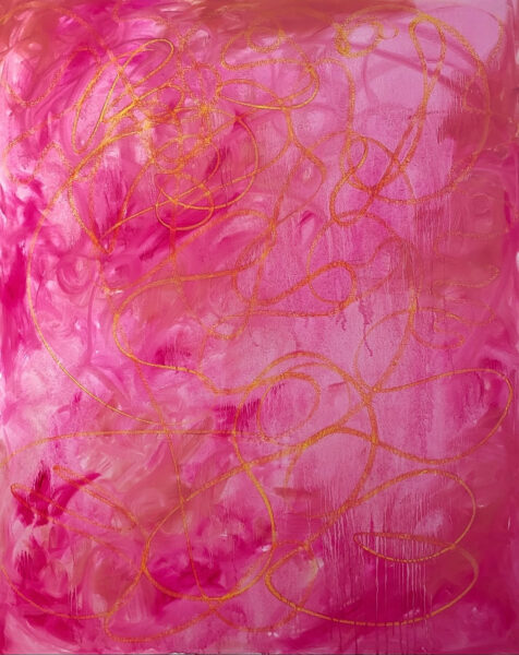 Abstract painting of pink and gold swirls across the canvas.