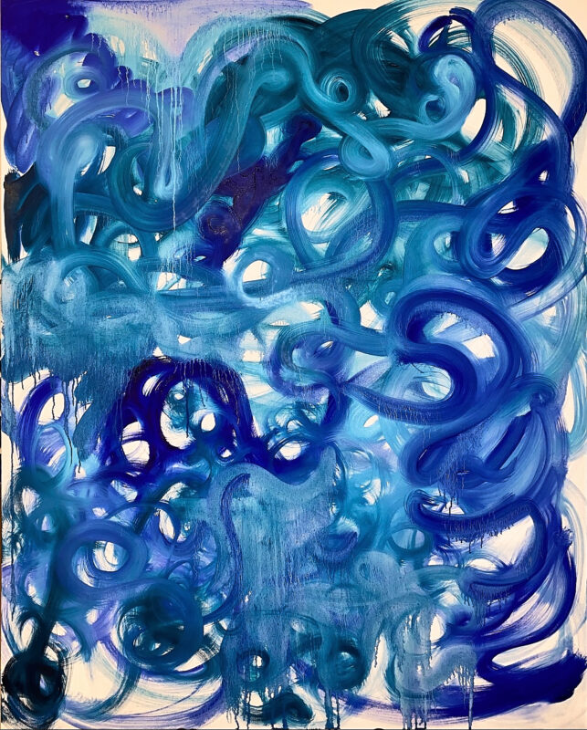 Abstract oil painting of blue swirls across the canvas.