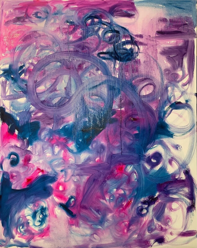 Abstract oil painting of dark blue and violet swirls across the canvas.